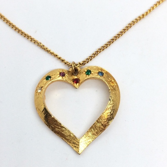 VINTAGE GOLD TONE HEART JEWEL TONE RHINESTONES NECKLACE - Picture 8 of 13